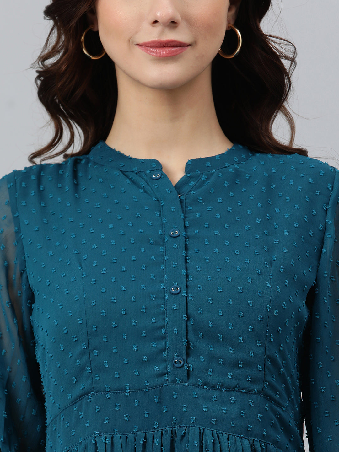 Janasya Women's Teal Poly Chiffon Self Design Flared Western Dress | Swadesiicart