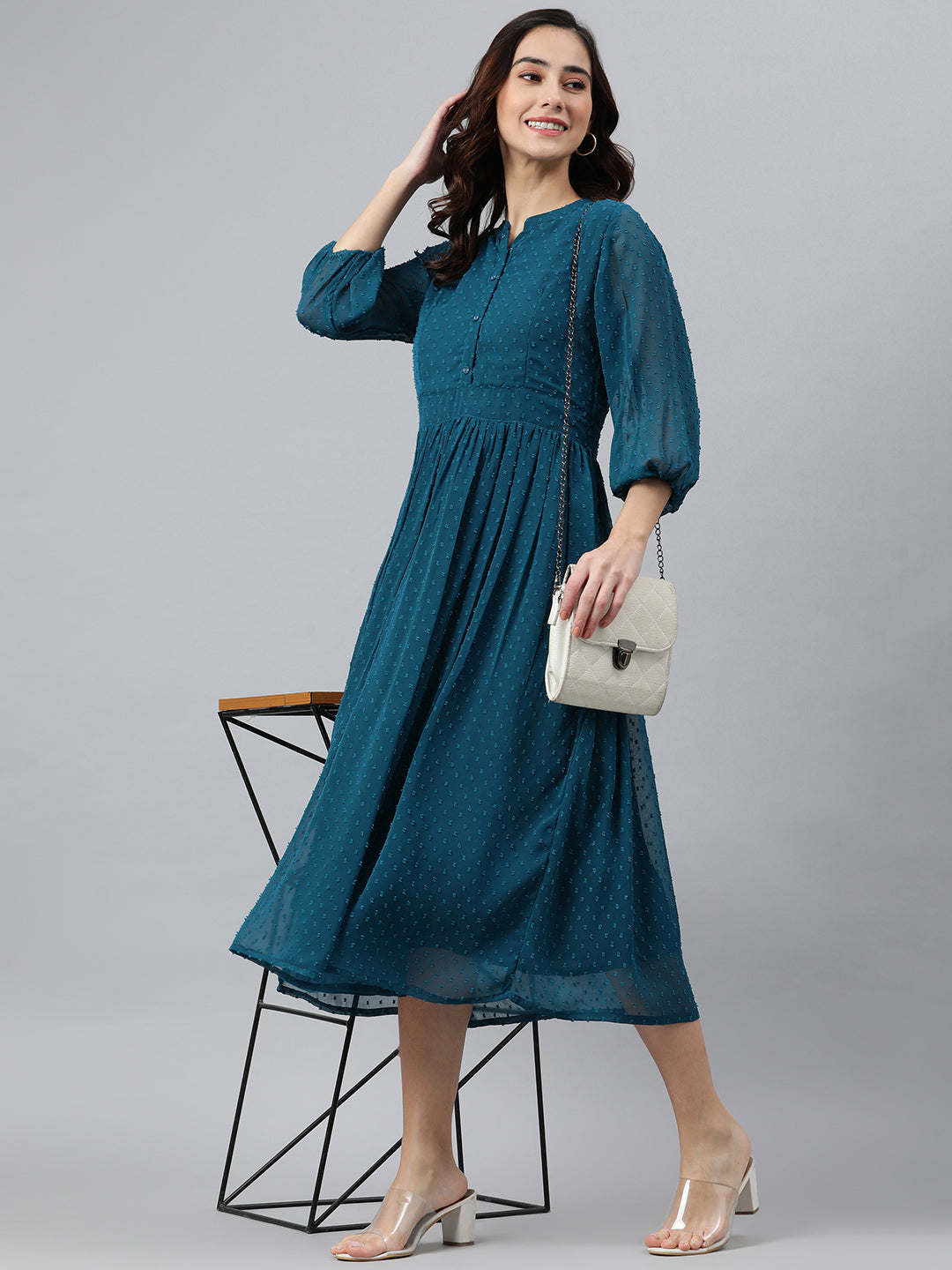 Indian Clothing Janasya Women's Teal Poly Chiffon Self Design Casual Flared kurta - Swadesiicart