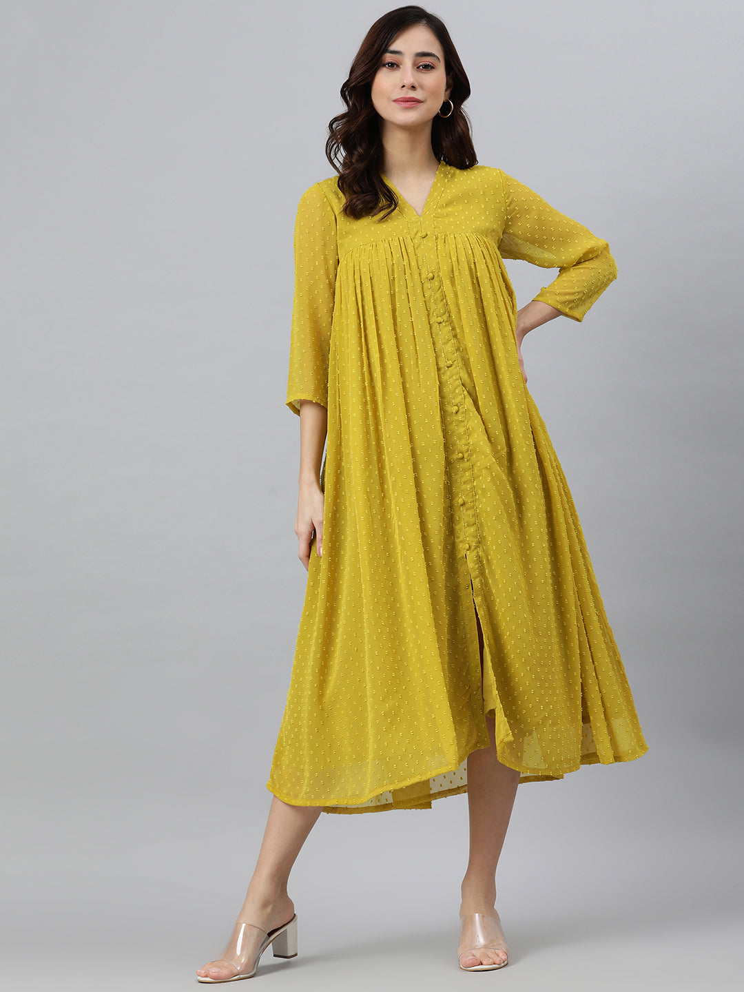 Janasya Women's Mustard Poly Chiffon Self Design Frontslit Western Dress | Swadesiicart