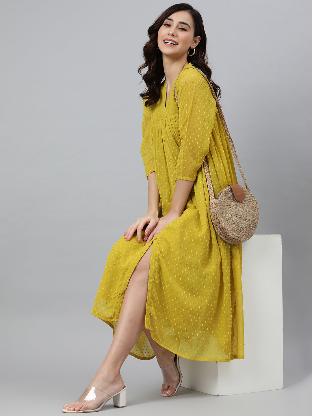 Janasya Women's Mustard Poly Chiffon Self Design Frontslit Western Dress | Swadesiicart