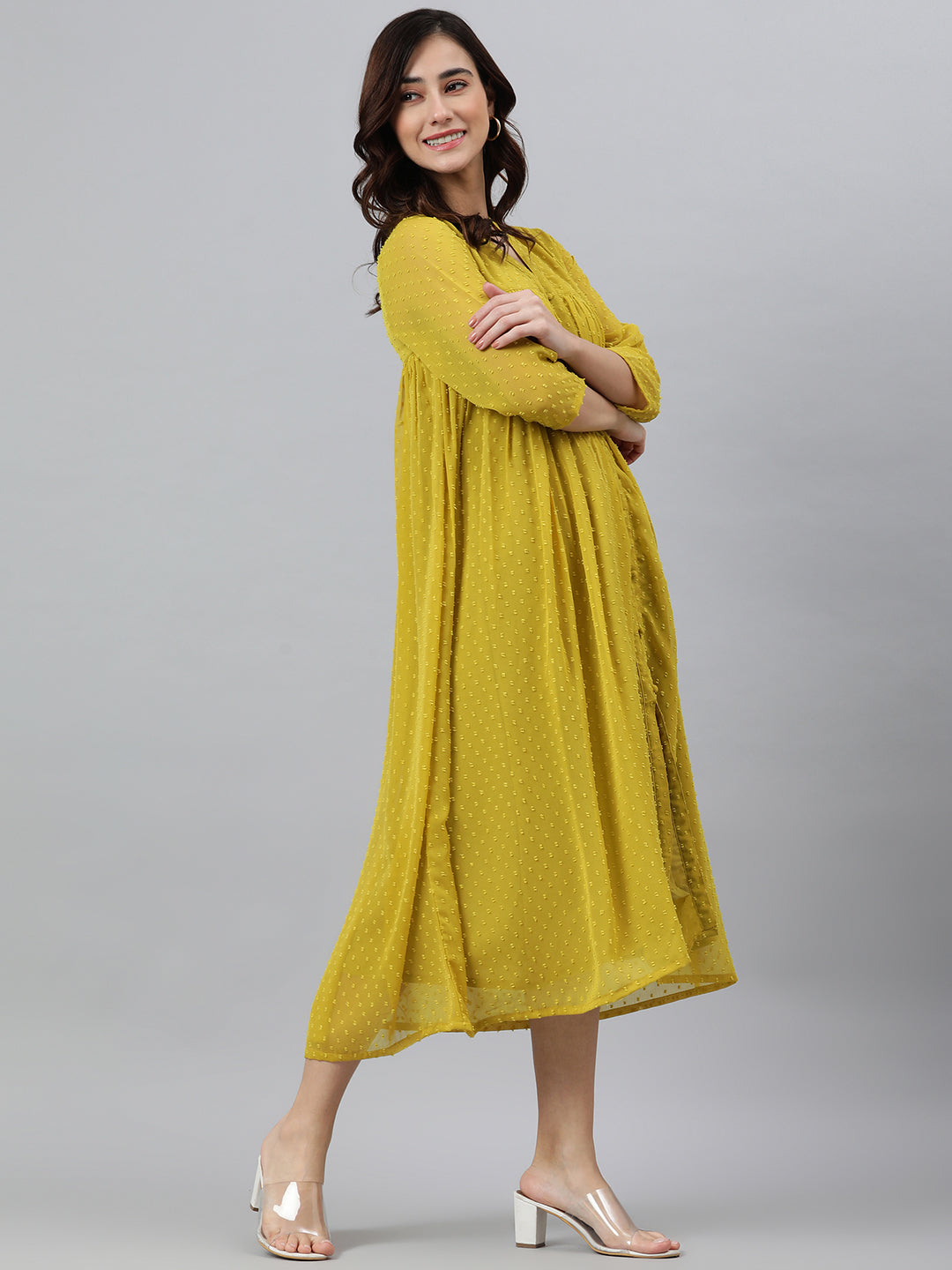 Janasya Women's Mustard Poly Chiffon Self Design Casual Frontslit kurta - Swadesiicart