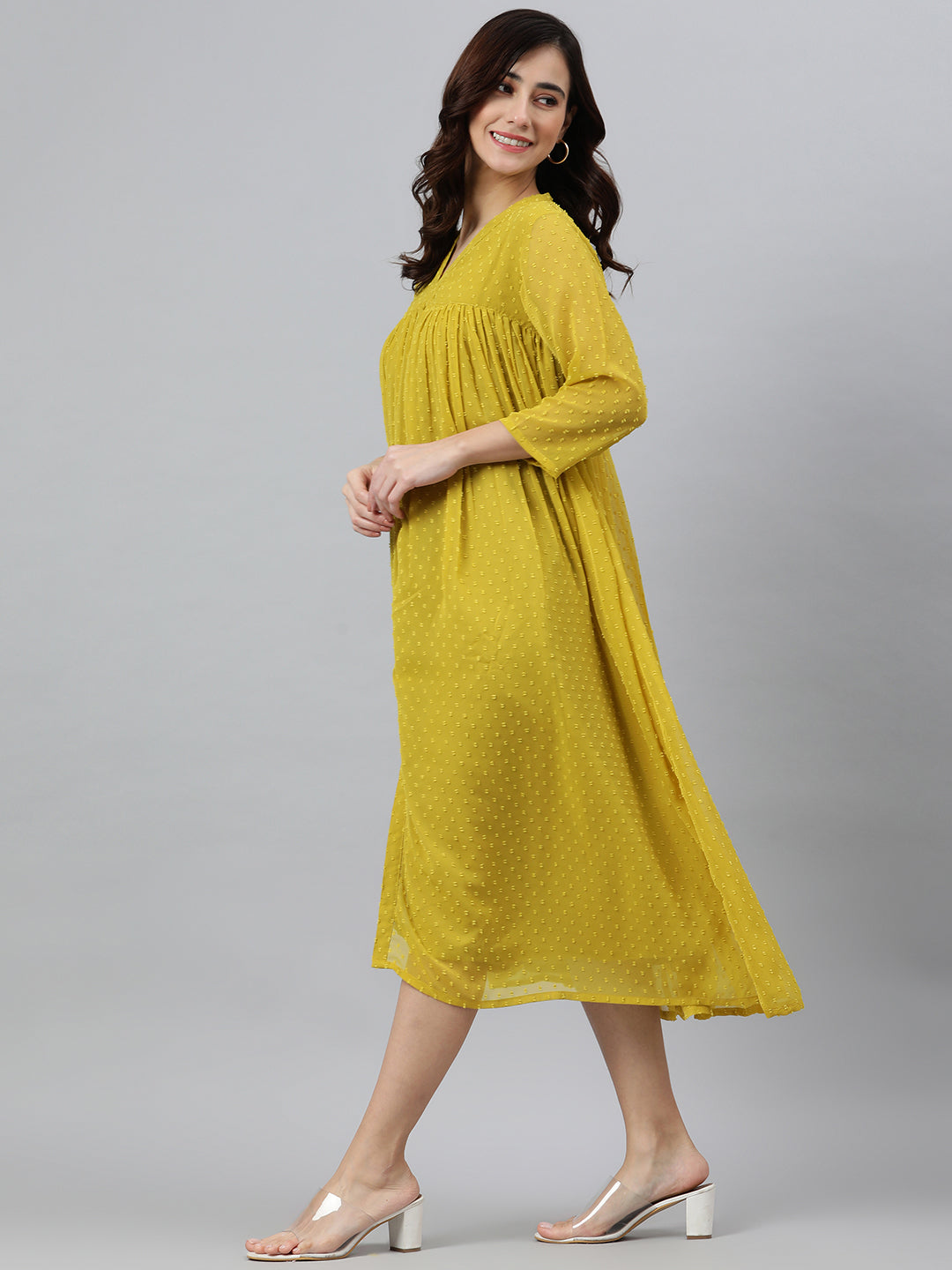 Janasya Women's Mustard Poly Chiffon Self Design Casual Frontslit kurta - Swadesiicart