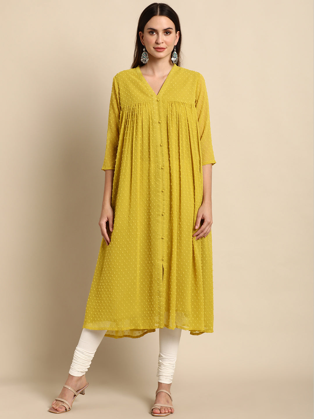 Janasya Mustard Poly Chiffon Self Design Frontslit Kurta | Swadesiicart