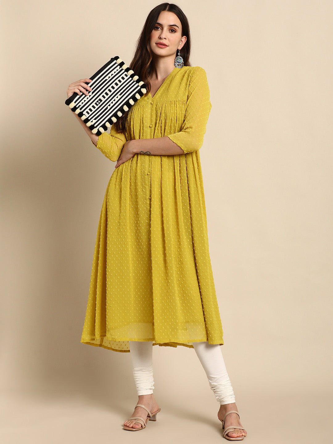 Janasya Mustard Poly Chiffon Self Design Frontslit Kurta | Swadesiicart