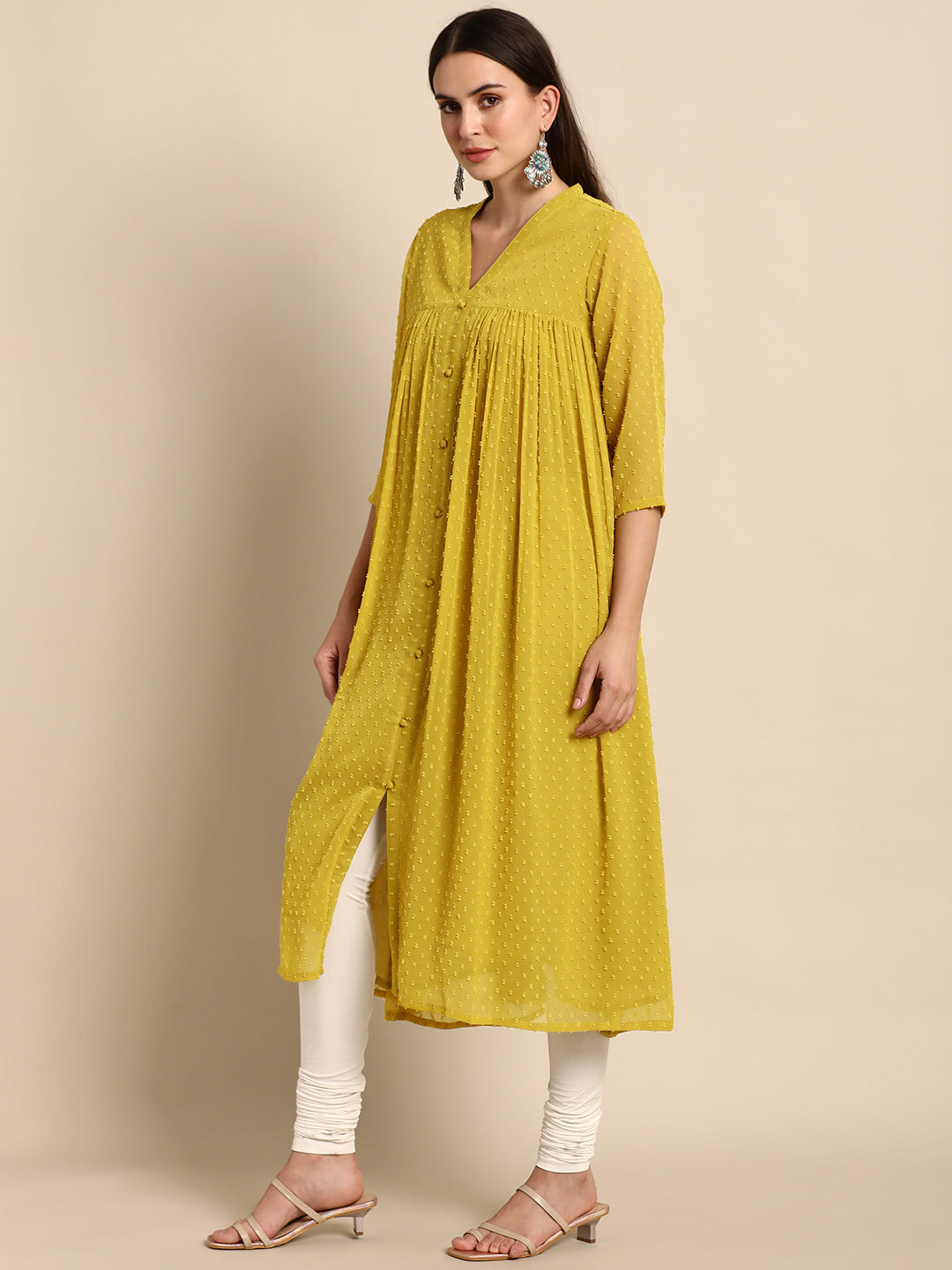 Janasya Mustard Poly Chiffon Self Design Frontslit Kurta | Swadesiicart