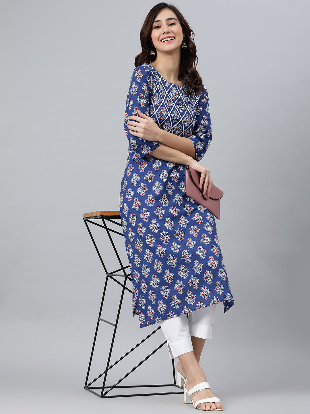 Indian Clothing Janasya Women's Blue Cotton Floral Printed Casual Straight kurta | Swadesiicart
