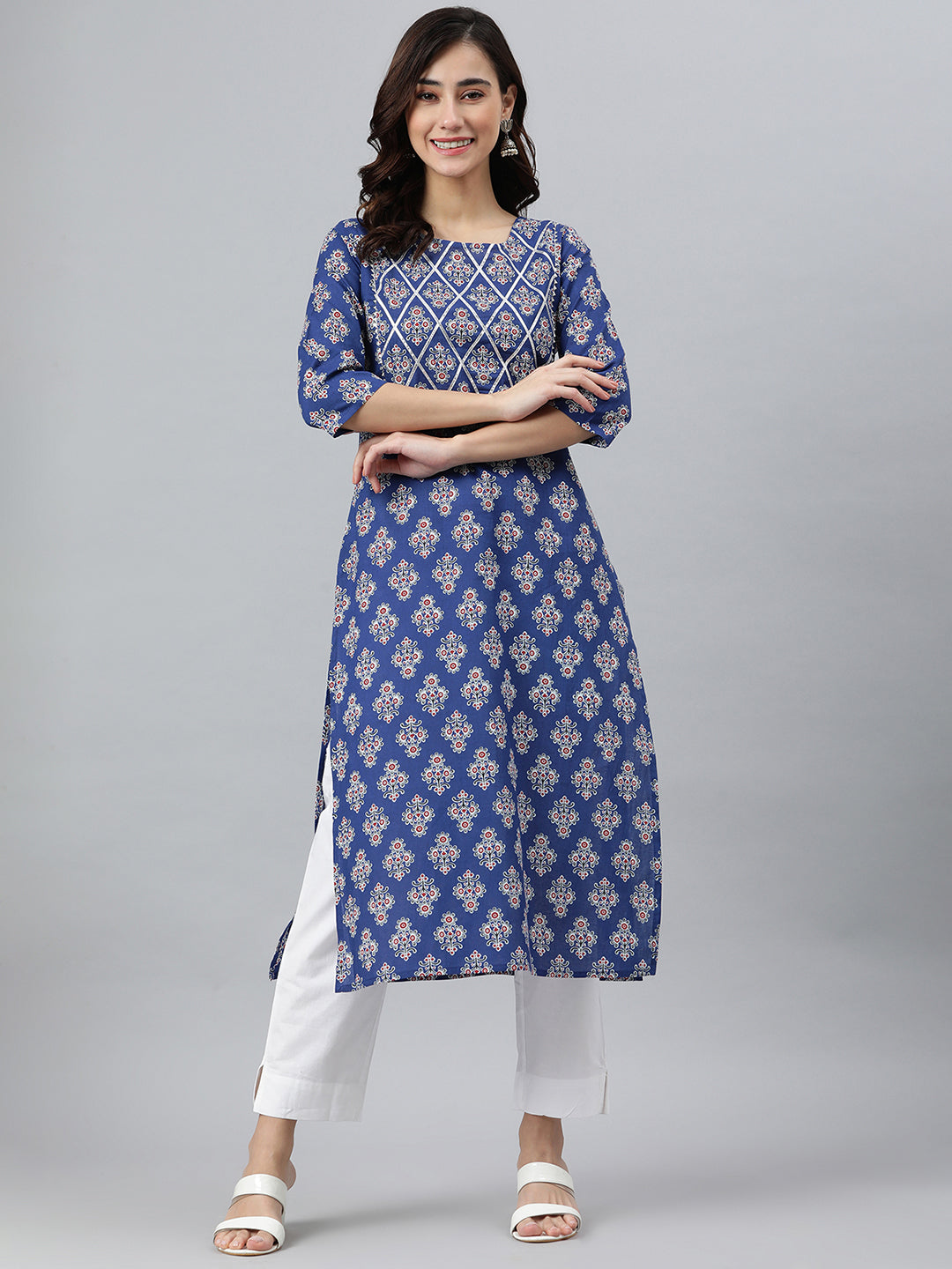 Indian Clothing Janasya Women's Blue Cotton Floral Printed Casual Straight kurta | Swadesiicart