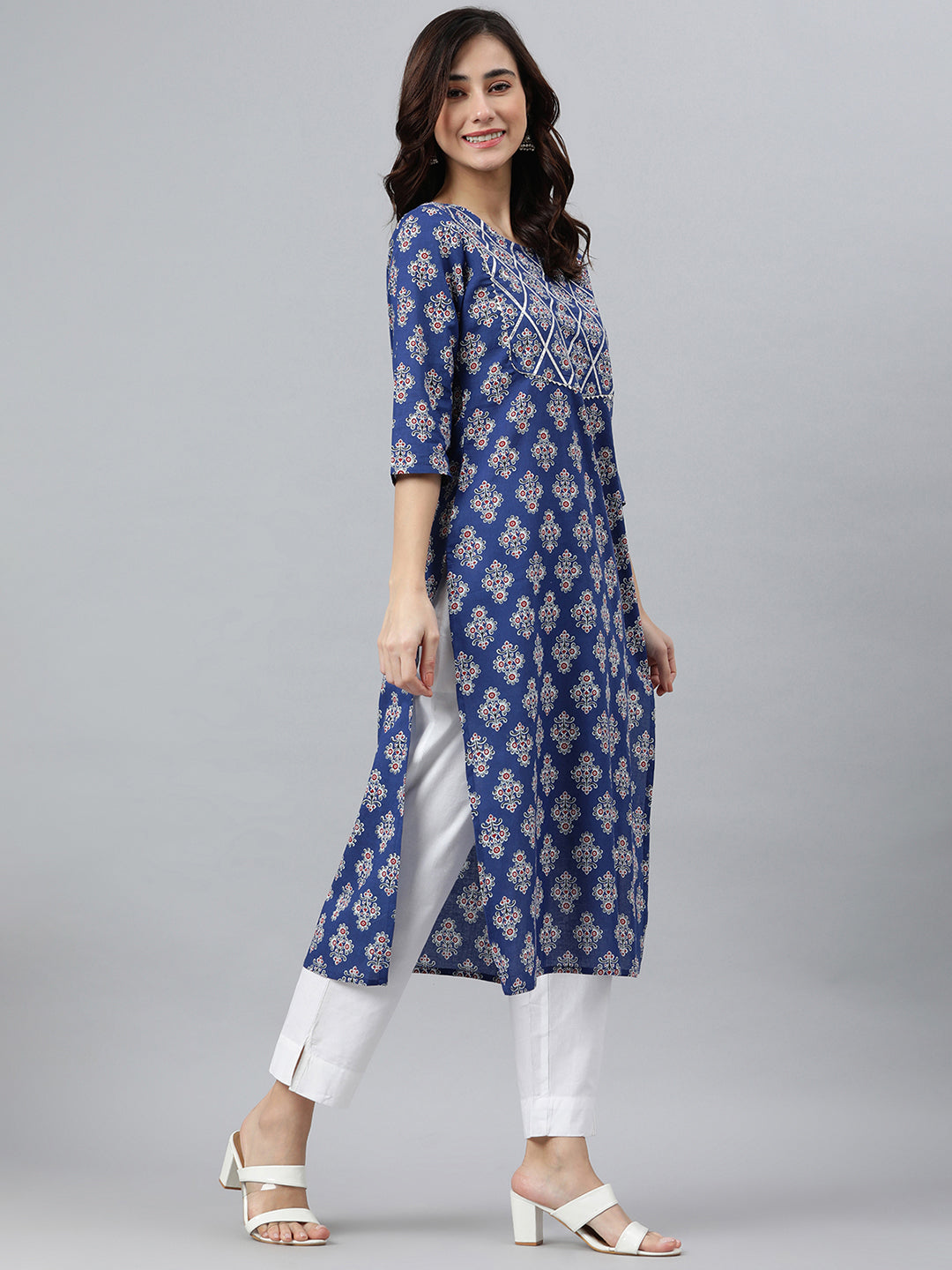 Indian Clothing Janasya Women's Blue Cotton Floral Printed Casual Straight kurta | Swadesiicart