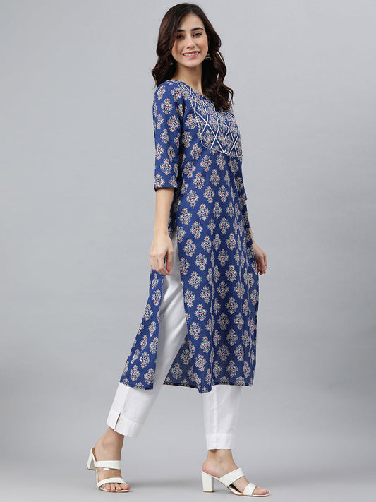 Indian Clothing Janasya Women's Blue Cotton Floral Printed Casual Straight kurta | Swadesiicart