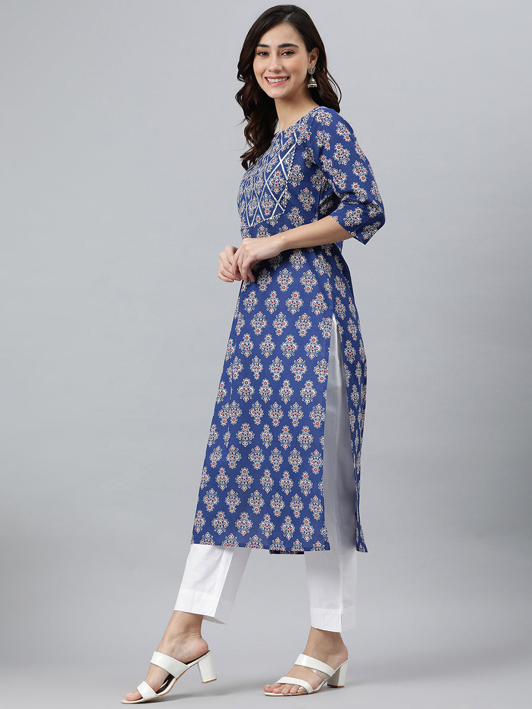 Indian Clothing Janasya Women's Blue Cotton Floral Printed Casual Straight kurta | Swadesiicart
