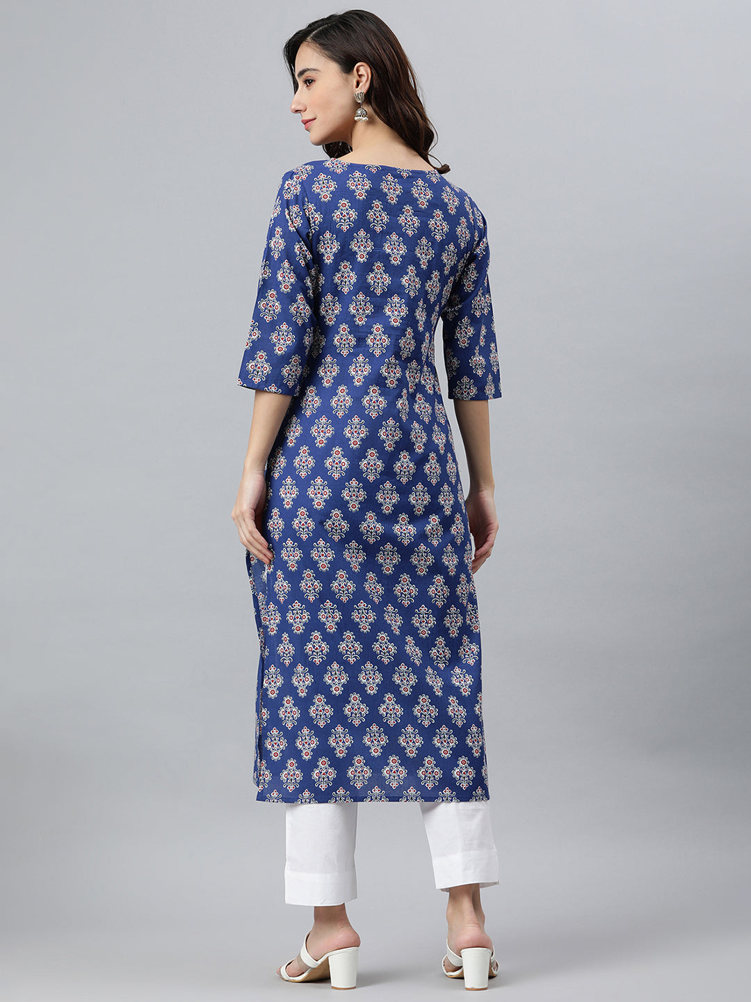 Indian Clothing Janasya Women's Blue Cotton Floral Printed Casual Straight kurta | Swadesiicart