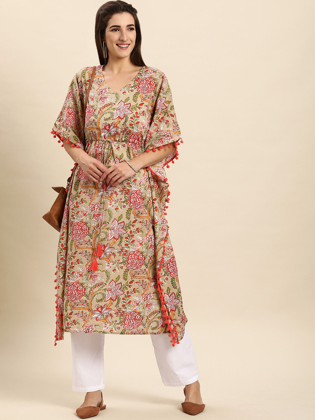 Janasya Women's Beige Cotton Floral Printed Casual Kaftan kurta | Swadesiicart