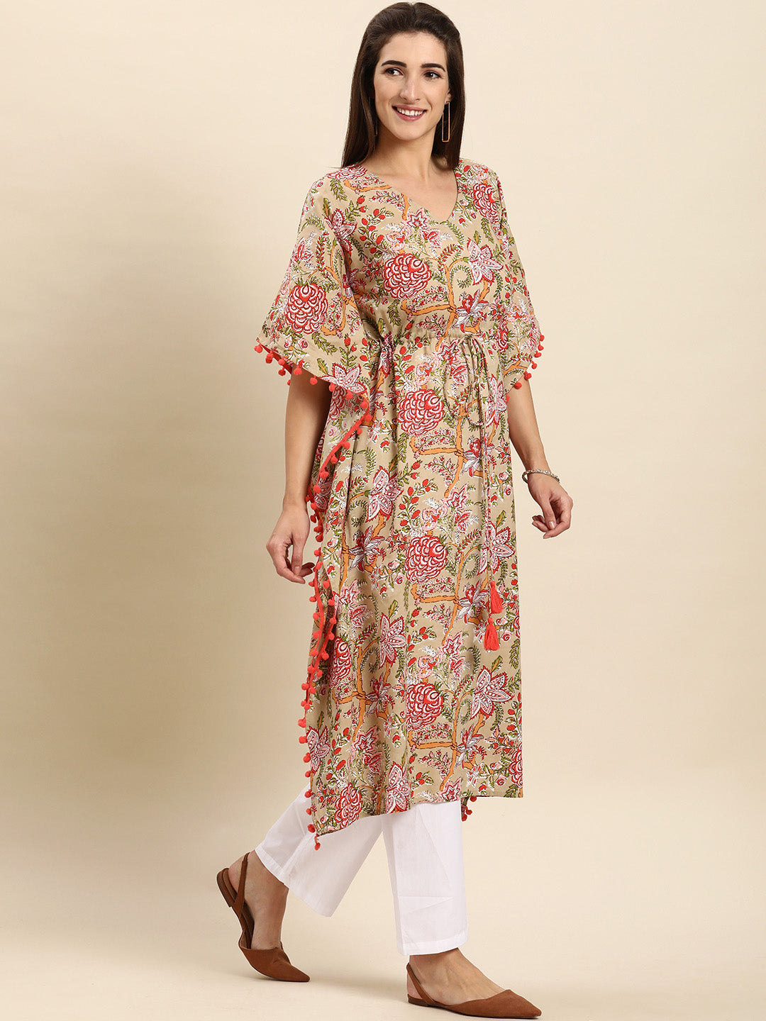 Janasya Women's Beige Cotton Floral Printed Casual Kaftan kurta | Swadesiicart
