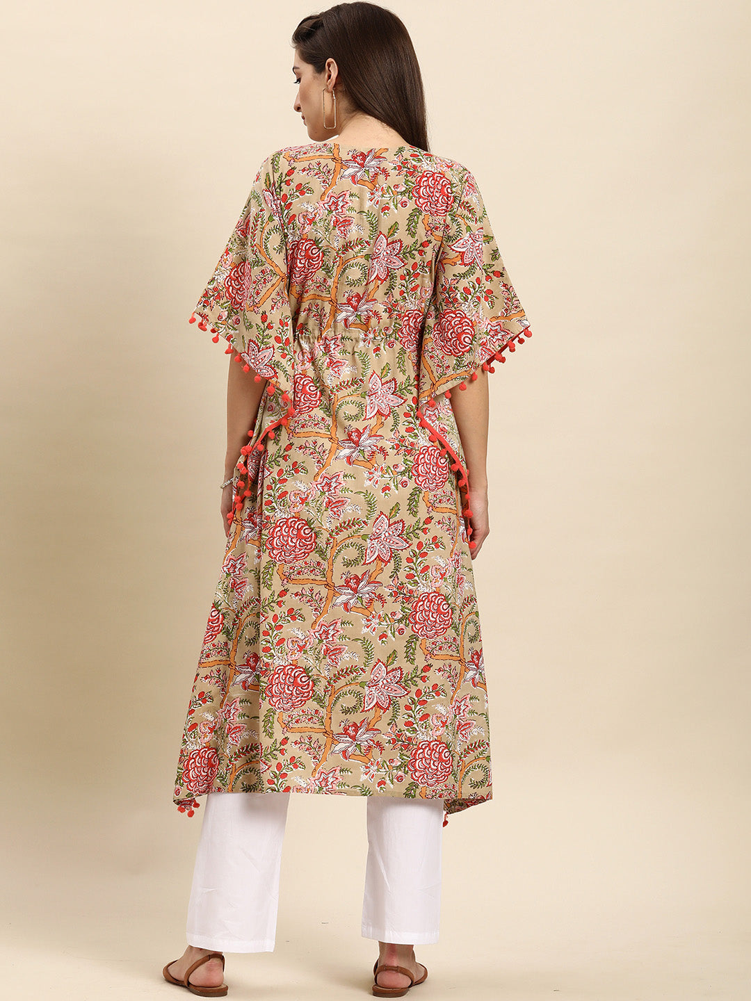 Janasya Women's Beige Cotton Floral Printed Casual Kaftan kurta | Swadesiicart