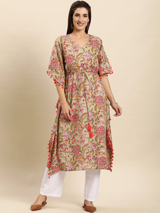 Janasya Women's Beige Cotton Floral Printed Casual Kaftan kurta | Swadesiicart