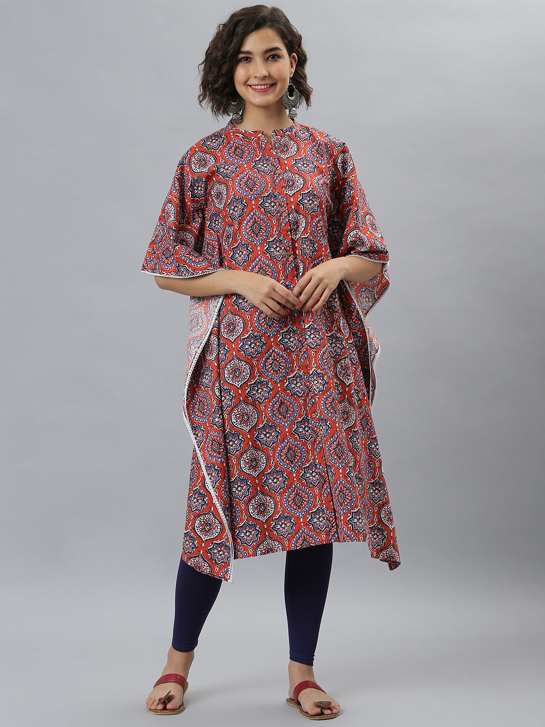 Janasya Women's Orange Cotton Floral Print Casual Kaftan Kurta - Swadesiicart