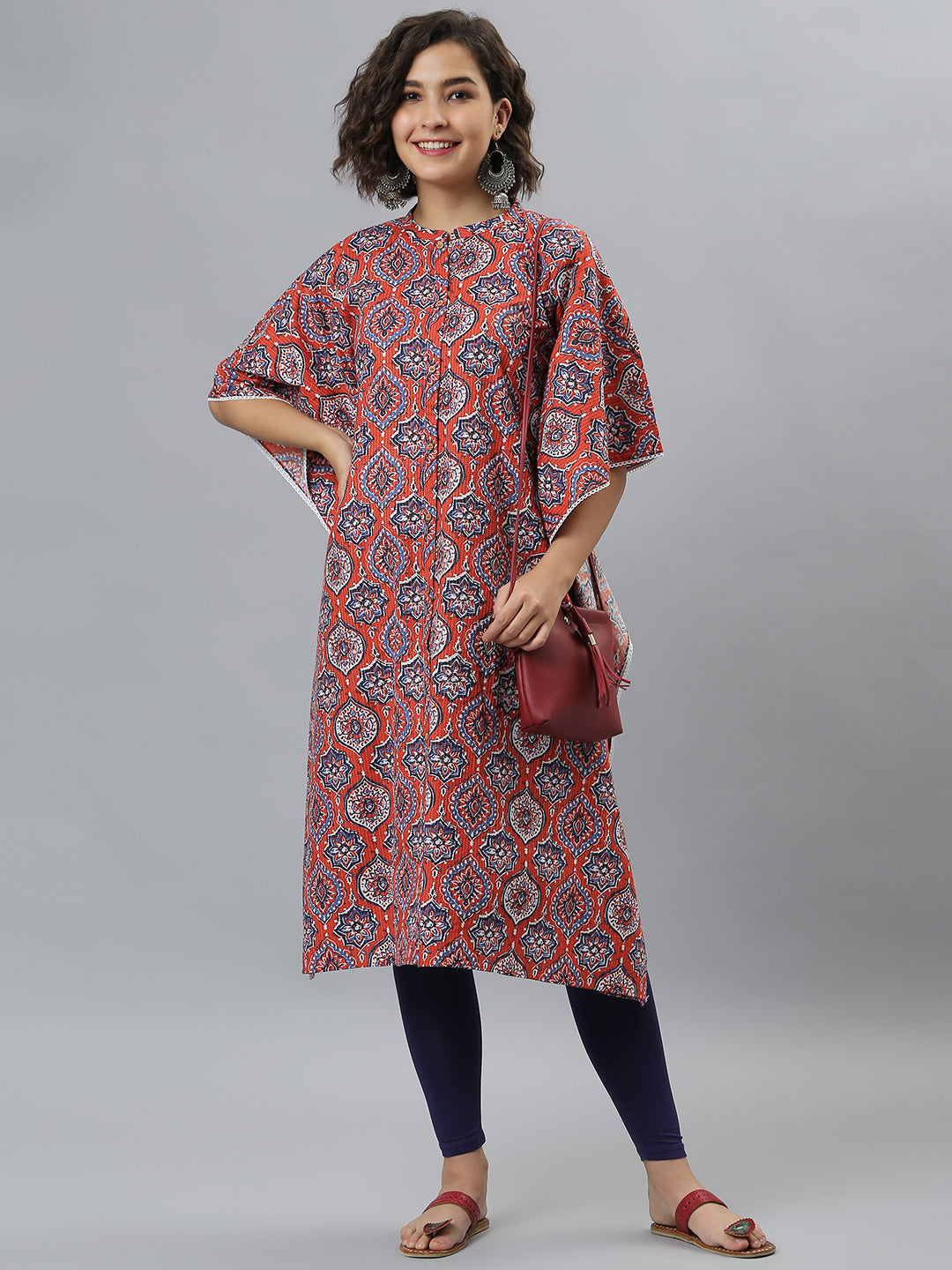 Janasya Women's Orange Cotton Floral Print Casual Kaftan Kurta - Swadesiicart