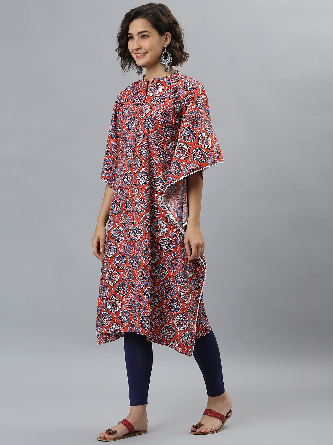 Janasya Women's Orange Cotton Floral Print Casual Kaftan Kurta - Swadesiicart