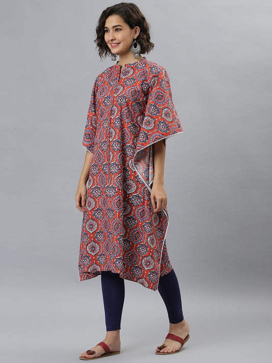 Janasya Women's Orange Cotton Floral Print Casual Kaftan Kurta - Swadesiicart