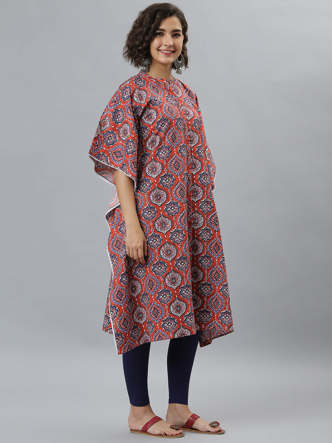 Janasya Women's Orange Cotton Floral Print Casual Kaftan Kurta - Swadesiicart