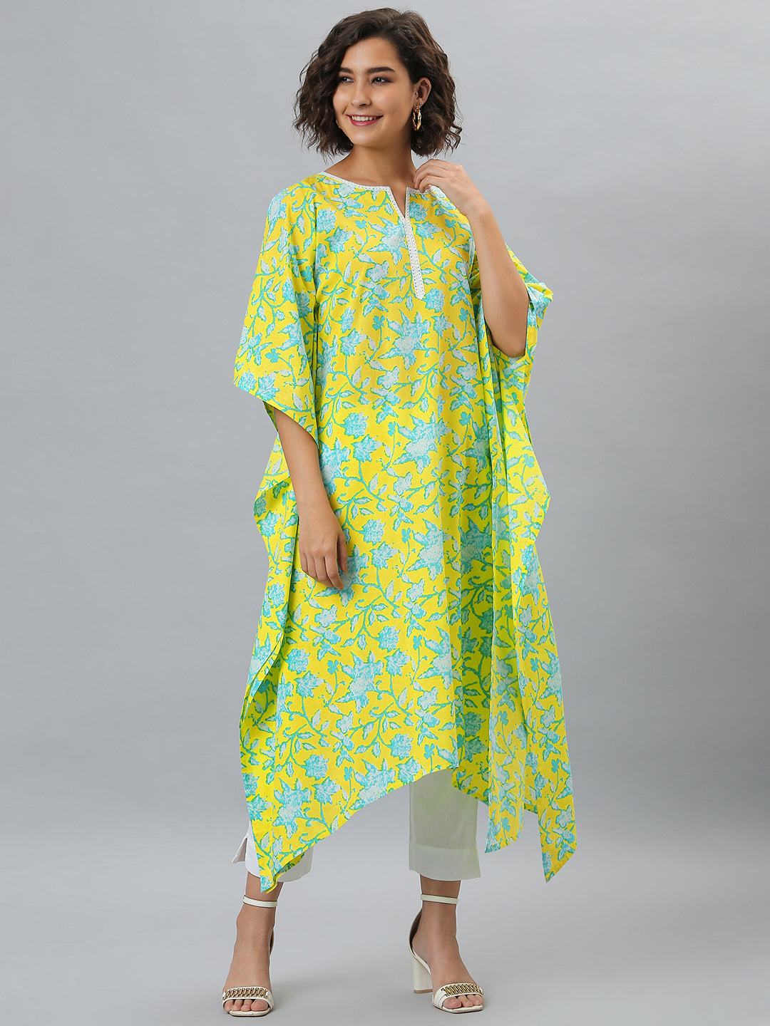 Janasya Women's Yellow Cotton Floral Print Casual Kaftan Kurta | Swadesiicart