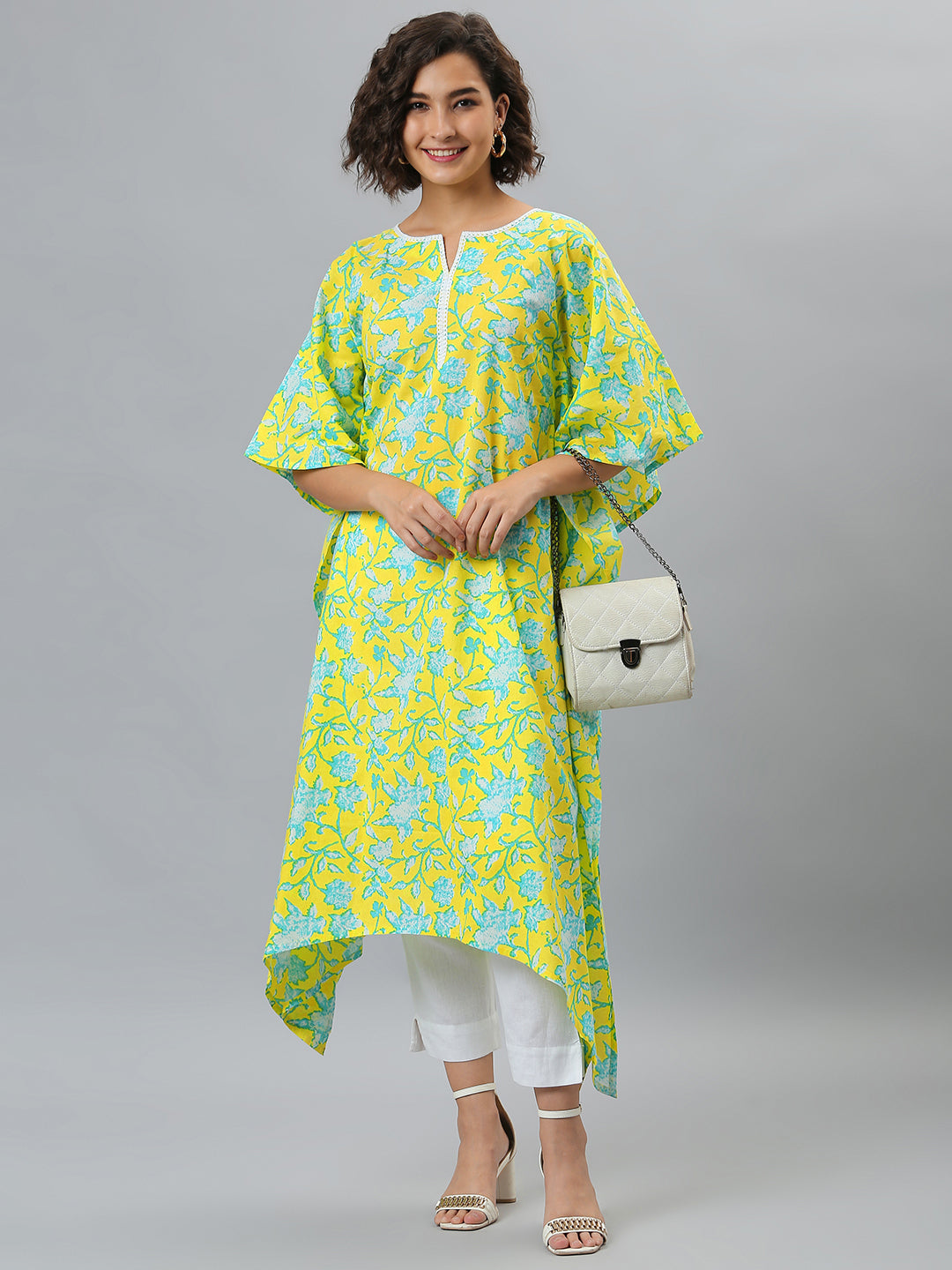 Janasya Women's Yellow Cotton Floral Print Casual Kaftan Kurta | Swadesiicart