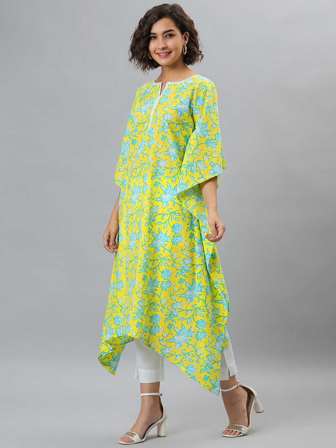 Janasya Women's Yellow Cotton Floral Print Casual Kaftan Kurta | Swadesiicart