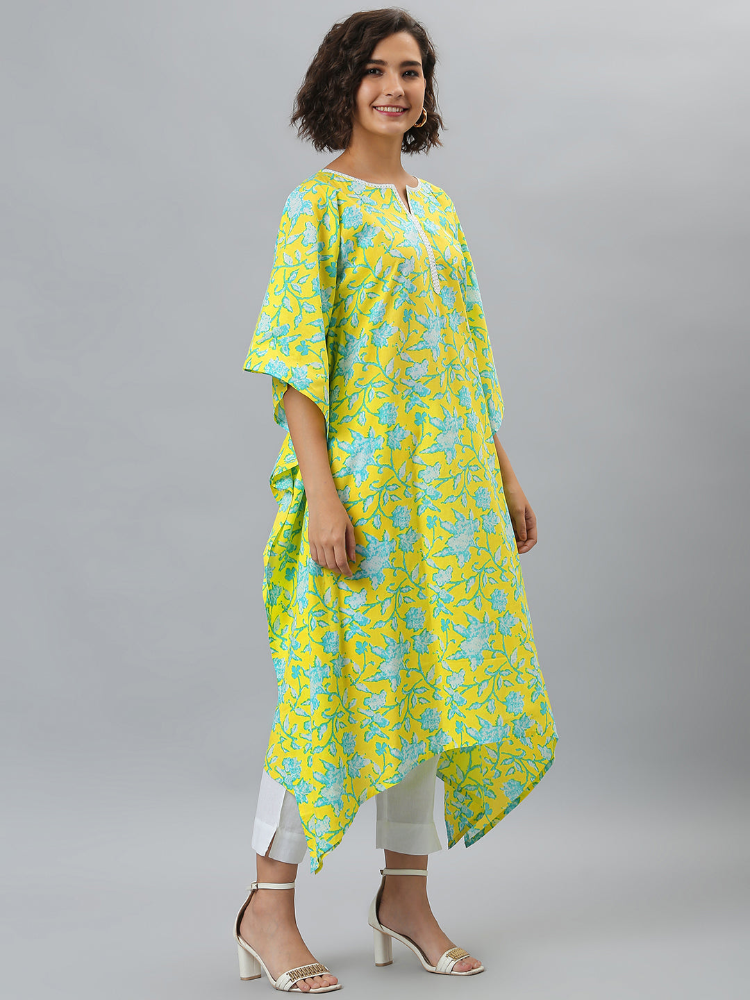 Janasya Women's Yellow Cotton Floral Print Casual Kaftan Kurta | Swadesiicart