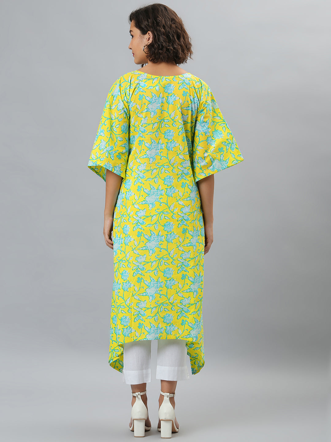 Janasya Women's Yellow Cotton Floral Print Casual Kaftan Kurta | Swadesiicart