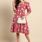 Janasya Women's Red Cotton Floral Printed A-line Western Dress | Swadesiicart