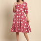 Janasya Women's Red Cotton Floral Printed A-line Western Dress | Swadesiicart