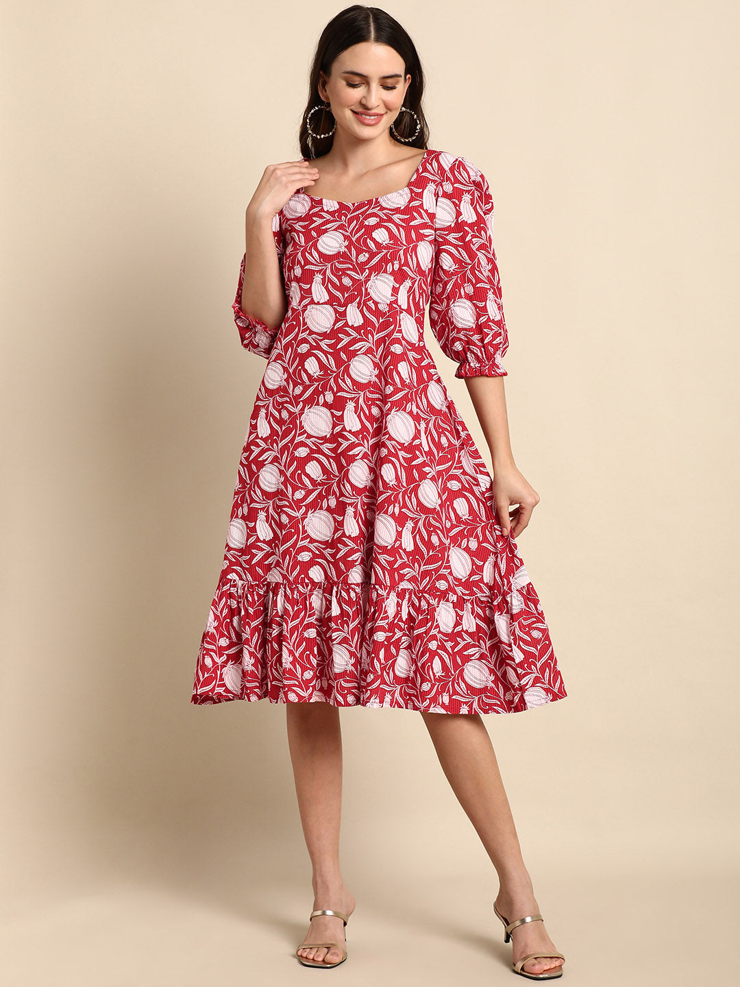 Janasya Women's Red Cotton Floral Printed A-line Western Dress | Swadesiicart