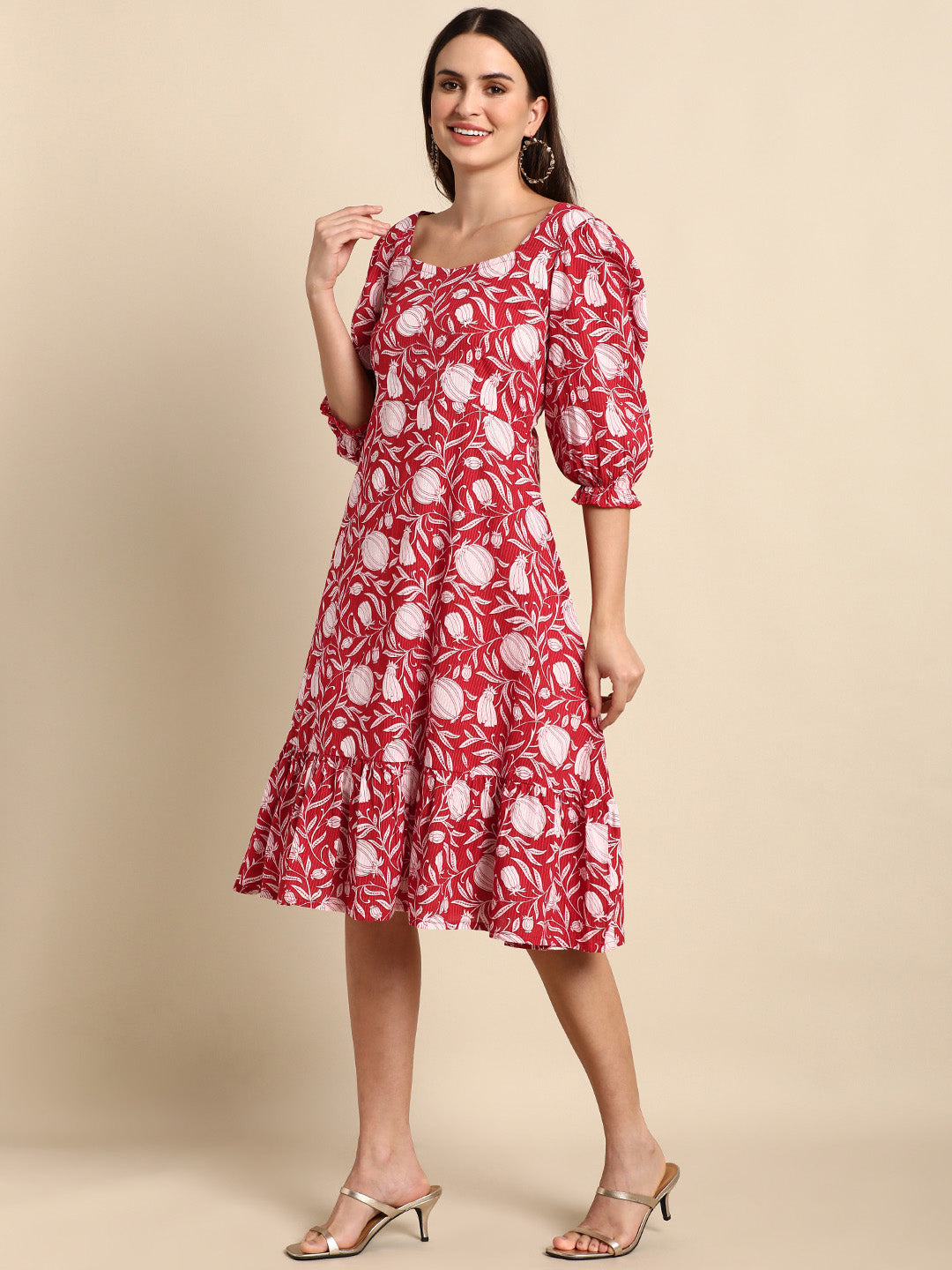 Janasya Women's Red Cotton Floral Printed A-line Western Dress | Swadesiicart