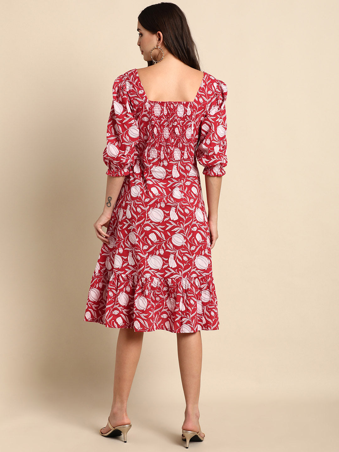 Janasya Women's Red Cotton Floral Printed A-line Western Dress | Swadesiicart