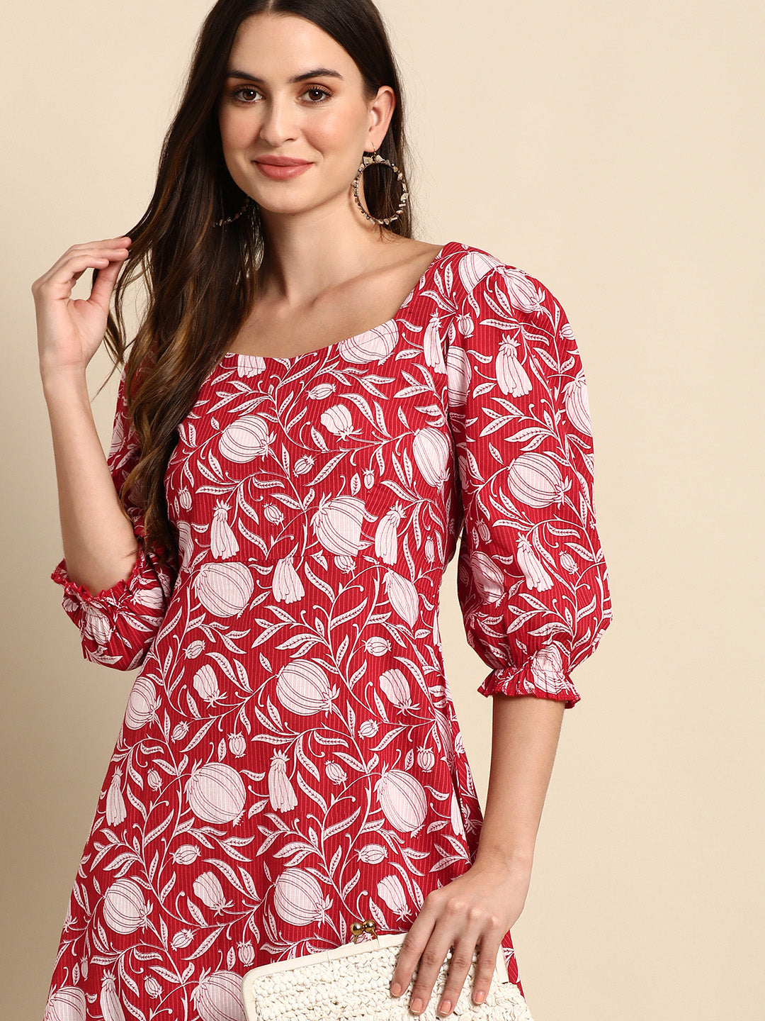 Janasya Women's Red Cotton Floral Printed A-line Western Dress | Swadesiicart