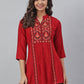 Janasya Women's Maroon Rayon Slub Embroidered A-Line Tunic | Swadesiicart