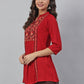 Janasya Women's Maroon Rayon Slub Embroidered A-Line Tunic | Swadesiicart