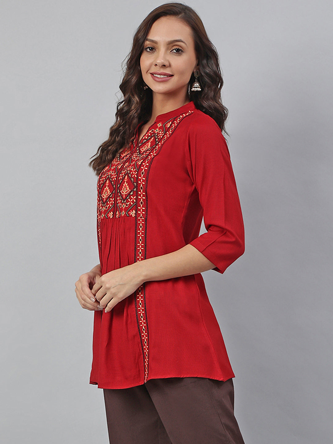 Janasya Women's Maroon Rayon Slub Embroidered A-Line Tunic | Swadesiicart