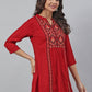 Janasya Women's Maroon Rayon Slub Embroidered A-Line Tunic | Swadesiicart