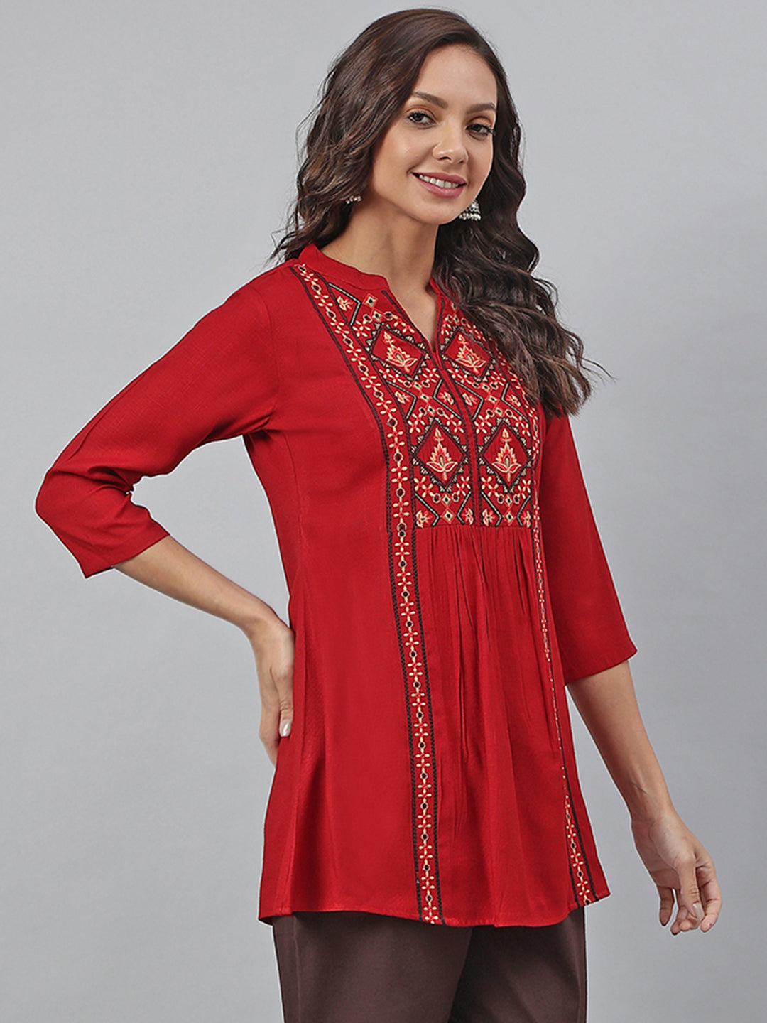 Janasya Women's Maroon Rayon Slub Embroidered A-Line Tunic | Swadesiicart