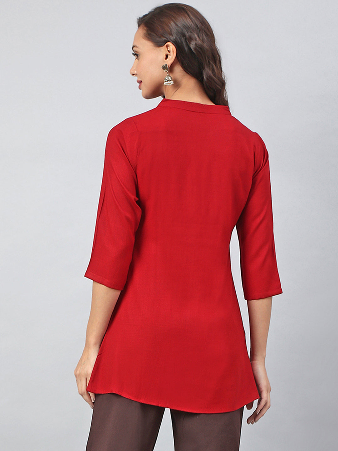 Janasya Women's Maroon Rayon Slub Embroidered A-Line Tunic | Swadesiicart