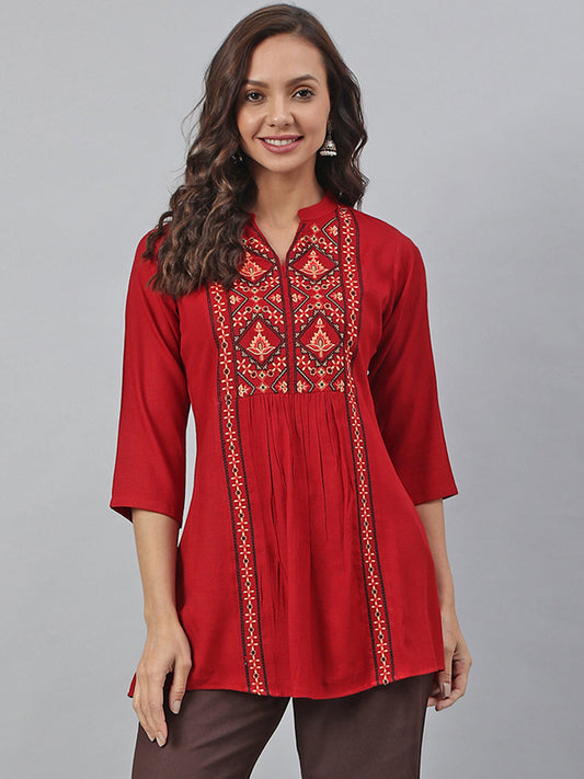 Janasya Women's Maroon Rayon Slub Embroidered A-Line Tunic | Swadesiicart