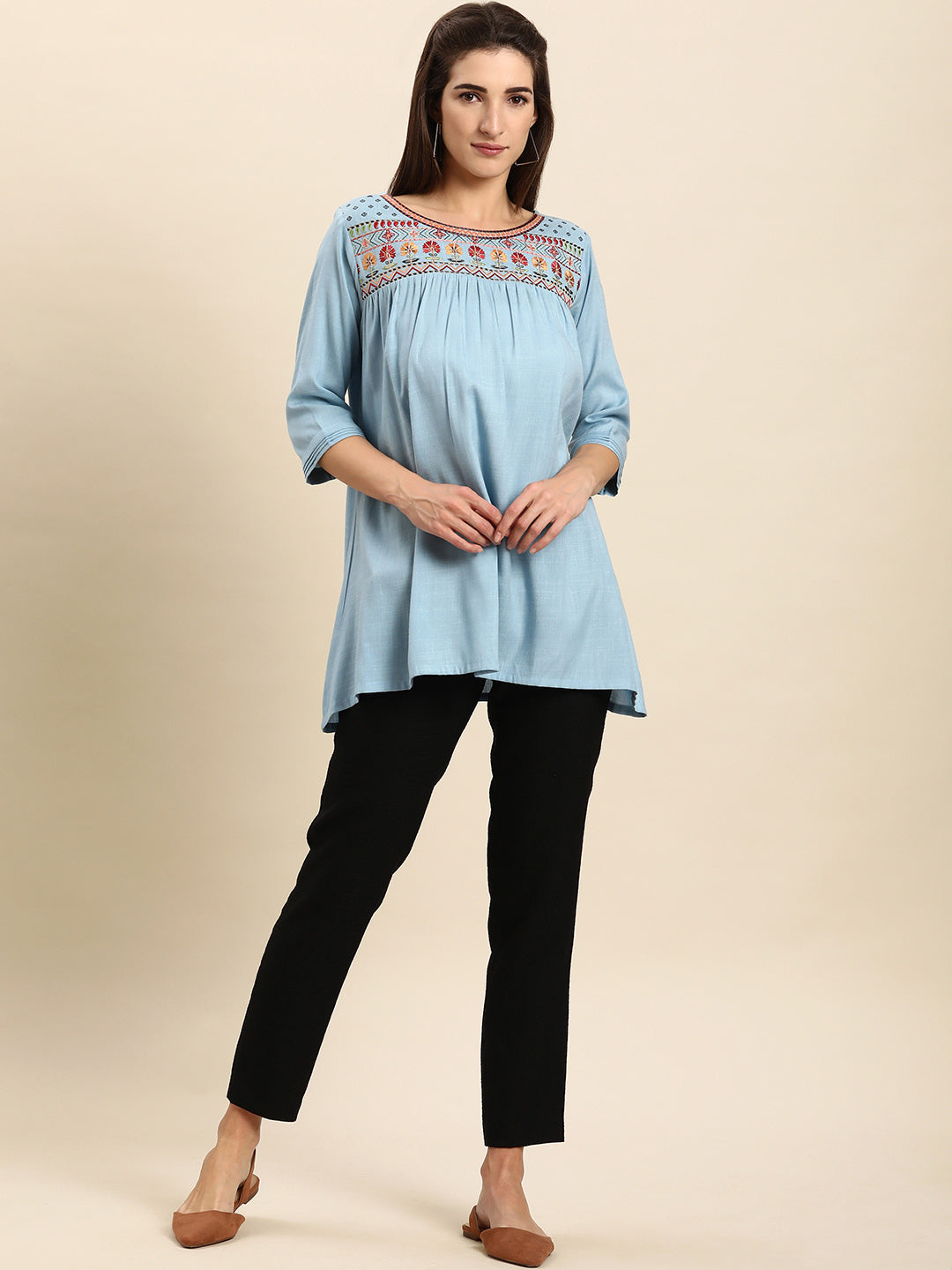 Janasya Women's Light Blue Rayon Slub Embroidered Regular Tunic | Swadesiicart