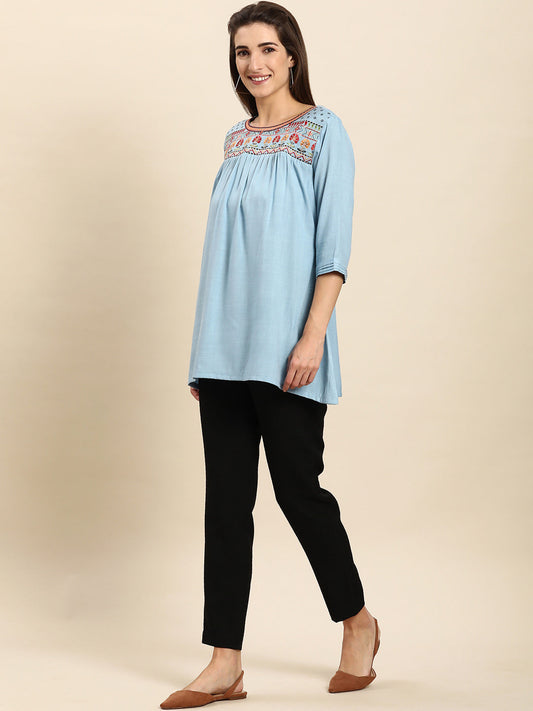 Janasya Women's Light Blue Rayon Slub Embroidered Regular Tunic | Swadesiicart