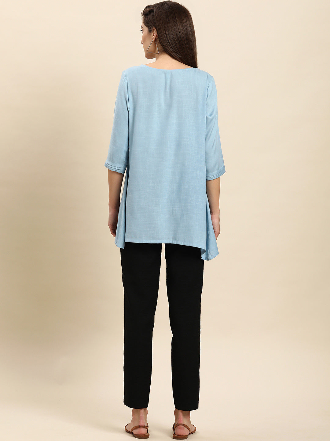 Janasya Women's Light Blue Rayon Slub Embroidered Regular Tunic | Swadesiicart