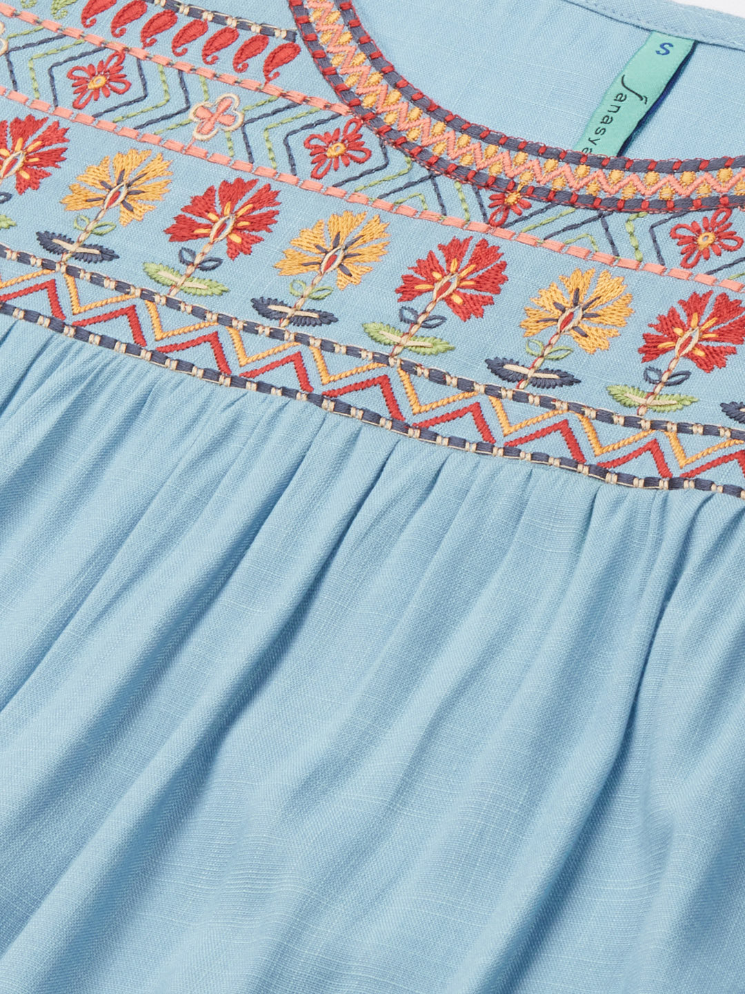 Janasya Women's Light Blue Rayon Slub Embroidered Regular Tunic | Swadesiicart