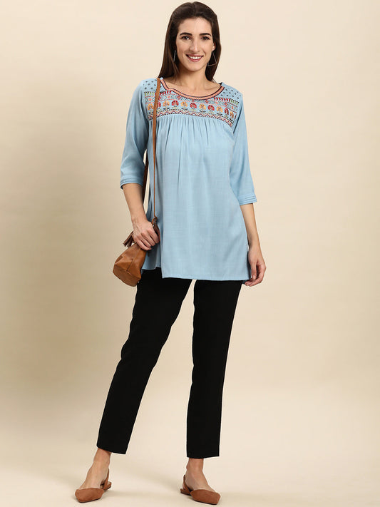 Janasya Women's Light Blue Rayon Slub Embroidered Regular Tunic | Swadesiicart