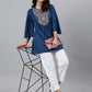 Janasya Women's Blue Rayon Slub Embroidered Regular Tunic | Swadesiicart