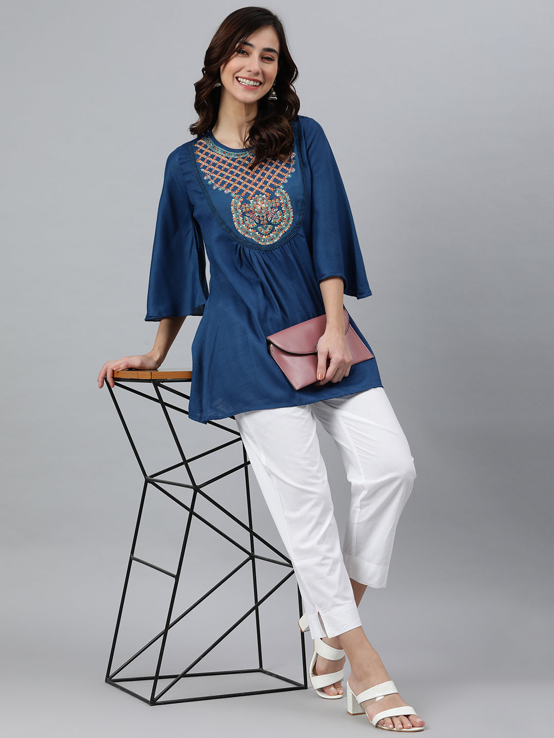 Janasya Women's Blue Rayon Slub Embroidered Regular Tunic | Swadesiicart