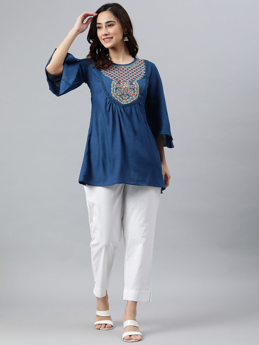 Janasya Women's Blue Rayon Slub Embroidered Regular Tunic | Swadesiicart